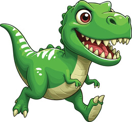Cheerful cartoon green dinosaur running with smile, cute T-Rex character illustration for kids, playful animal vector for educational design