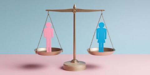 scales of justice with a pink female figure on one side and a blue male silhouette on the other, symbolizing gender equality in the law