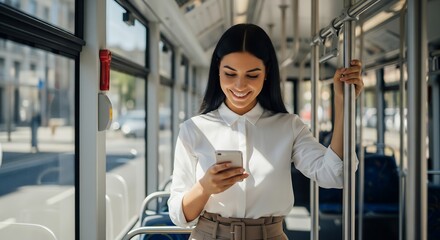 Smiling young woman using smartphone while commuting on a bus.