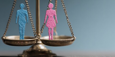scales of justice with a pink female figure on one side and a blue male silhouette on the other, symbolizing gender equality in the law