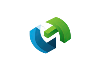 Abstract geometric shape with blue and green curved, segmented elements