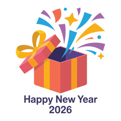 Happy new year 2026, gift box with fireworks, ribbon bow surprise, festive greeting illustration, cheerful celebration vector