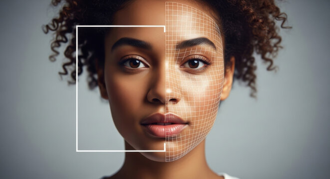 Close up portrait of an african american woman with data overlay on face against a gray background showcasing future technology and digital interface concept. - Powered by Adobe