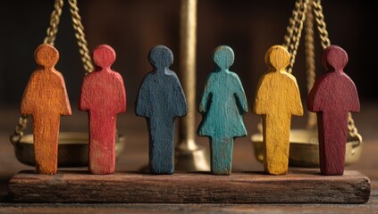 scales of justice with different colored wooden mannequins in the background, representing diversity and equality