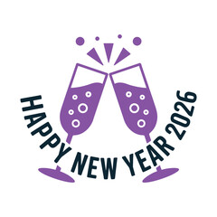 Happy new year 2026, clinking champagne glasses emblem, circular lettering path, party toast, elegant celebration icon vector