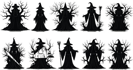 Dark hooded wizard characters with magic staffs, eerie tree branches, mysterious cloaks, shadowy sorcerer figures, perfect for fantasy, Halloween, gothic vector illustration themes
