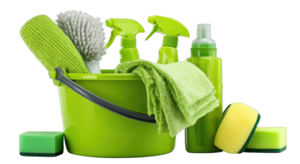 Green cleaning tools in a bucket for a spotless home