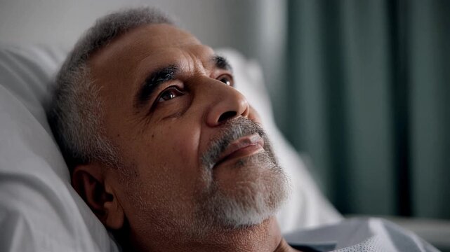 Thoughtful senior patient resting in a hospital bed looking up.