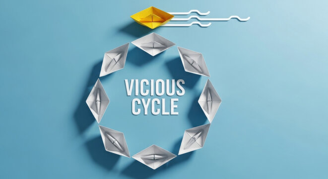 Composition of paper boats, one yellow leading white boats forming a circle with vicious cycle text, representing business challenges on a light blue backdrop