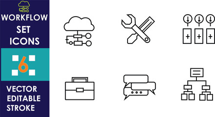 Minimal workflow icon set featuring cloud management, tools, warning indicators, briefcase, chat bubbles, and hierarchical flowchart symbols, designed with simple editable stroke vector lines