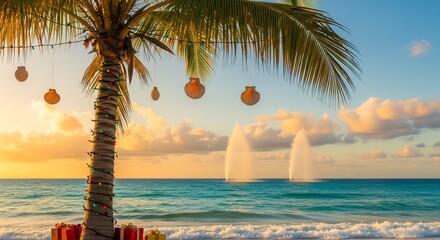 Tropical Beach Sunset with Palm Tree and Ocean View.