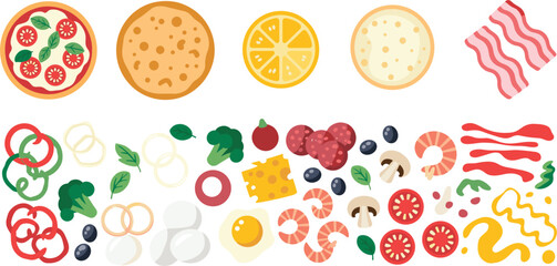 Assortment of pizza ingredients and toppings with whole pizzas food cooking