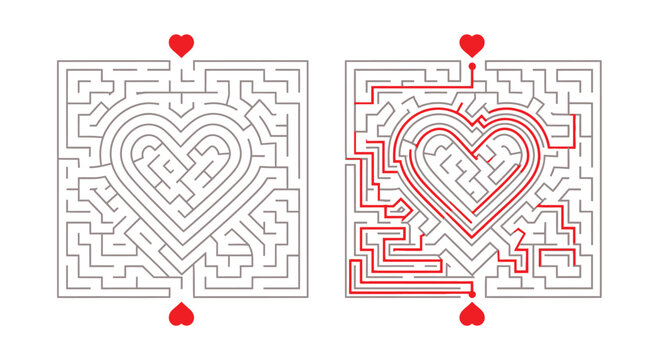 Heart-shaped maze with a solved path, symbolizing love's journey and challenges.