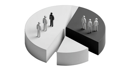 3D pie chart with white and dark sections, figures representing groups