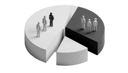 3D pie chart with white and dark sections, figures representing groups