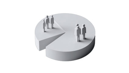 Abstract 3D pie chart with minimalist figures representing slices