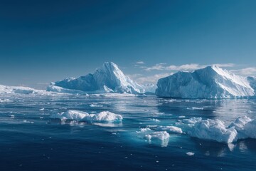 wide shot of the arctic ocean with icebergs floating in it