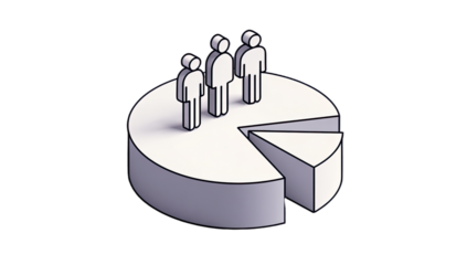 Three simplified figures stand on a 3D pie chart, one slice removed
