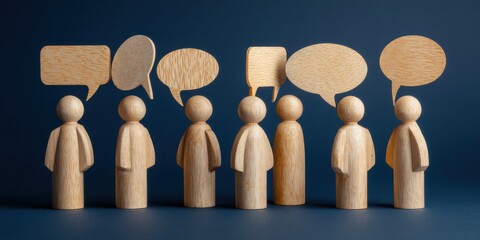 wooden figures with speech bubbles on a dark blue background, a group of people standing in line looking at the camera and having a conversation