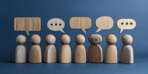 wooden figures with speech bubbles on a dark blue background, a group of people standing in line looking at the camera and having a conversation