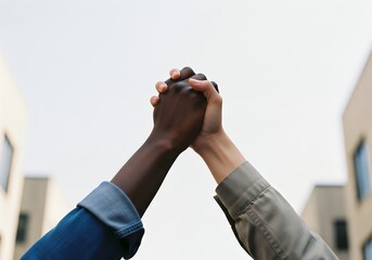 Two diverse individuals clasping hands in a powerful gesture of unity and solidarity against a bright sky.
