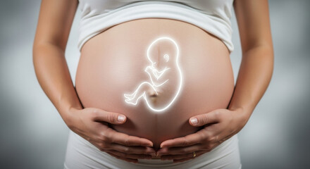Close up of a pregnant woman holding her bare belly, with a luminous fetus silhouette overlay, soft lighting, and neutral backdrop, conveying the essence of maternity.