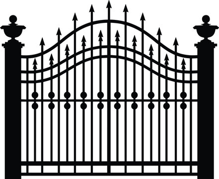 Black ornate wrought iron garden gate with finials and urns Keywords: gate, iron, wrought iron