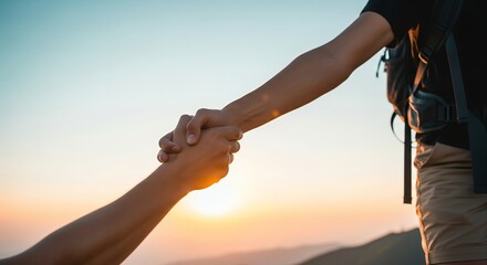 Two people helping each other climb a mountain at sunset, symbolizing teamwork and support.