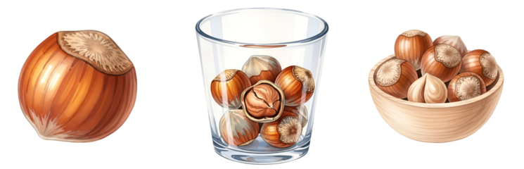Hazelnuts displayed individually in a bowl and a glass on a plain setting for a simple presentation on transparent background