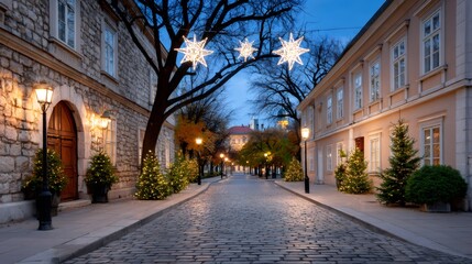 Fototapeta premium Historic cobblestone street illuminating with Christmas decorations in winter