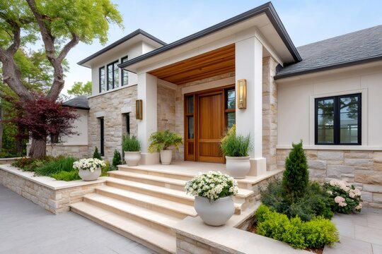 Modern luxury house entrance with stone facade and landscaping
