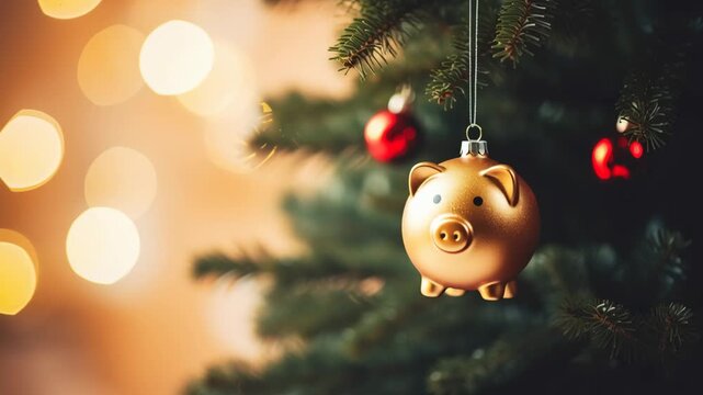 piggy bank ornament hanging on a christmas tree branch symbolizing holiday finance and savings