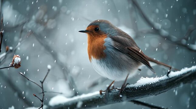 Robin in Falling Snow on a Snowy Branch european robin