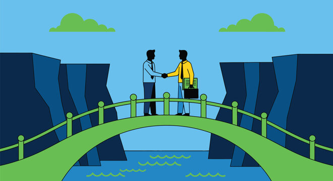 Two business people shake hands, bridging a gap over water, symbolizing partnership and agreement.