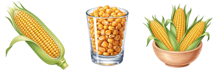 Illustration showing an ear of maize, kernels in a glass, and maize in a wooden bowl on a plain setting on transparent background
