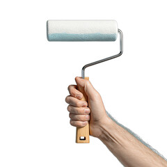 A hand holds a paint roller with a light blue coat and white texture