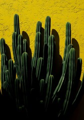 Vibrant Green Cactus Plants Against a Bright Yellow Wall in Harsh Sunlight.