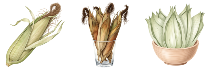 Three corn illustrations: one with husk, dried corn in a glass, and husks in a bowl all isolated on transparent background