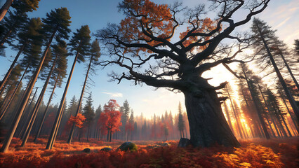 Majestic ancient oak tree with sprawling branches stands tall in a vibrant autumn forest clearing as the sun sets through the tall pine trees
