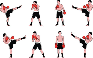 Kickboxing fighter demonstrating multiple striking stances, punches, and high-kick techniques in clean vector illustration for martial arts training and combat sports content