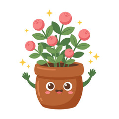 Cheerful cartoon potted plant with smiling face and pink round flowers vector illustration for garden and botany design