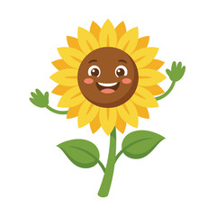 Joyful Cartoon Sunflower Character Mascot with Waving Green Hands and Happy Face Vector Illustration on White Background