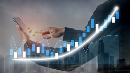 A businessman interacts with a smartphone, analyzing financial data trends displayed through a stock market graph, capturing urban growth and modern technology. Copula - Powered by Adobe