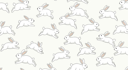 A delightful seamless pattern featuring numerous white bunnies hopping playfully across a soft, neutral background, perfect for textiles or digital designs.
