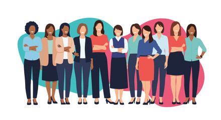 A diverse group of smiling professional women stands together, embodying strength, collaboration, and female empowerment.