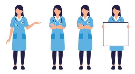 Illustration of four female medical staff members in blue scrubs with stethoscopes, showcasing different professional poses for healthcare-related themes.
