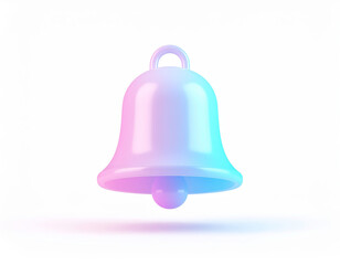 Minimal 3D bell icon in a pastel pink-to-blue gradient with glossy finish and visible clapper, loop for hanging, on a clean white background—modern notification or decorative design.