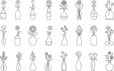 Outline drawings of various flowers in vases on a white background sketch