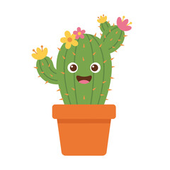Cute Green Cactus in Terracotta Pot Mascot Character with Flowers and Happy Face Cartoon Vector Illustration