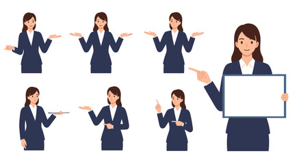A collection of vector illustrations featuring a professional businesswoman in various poses, including presenting, pointing, and holding a blank sign.